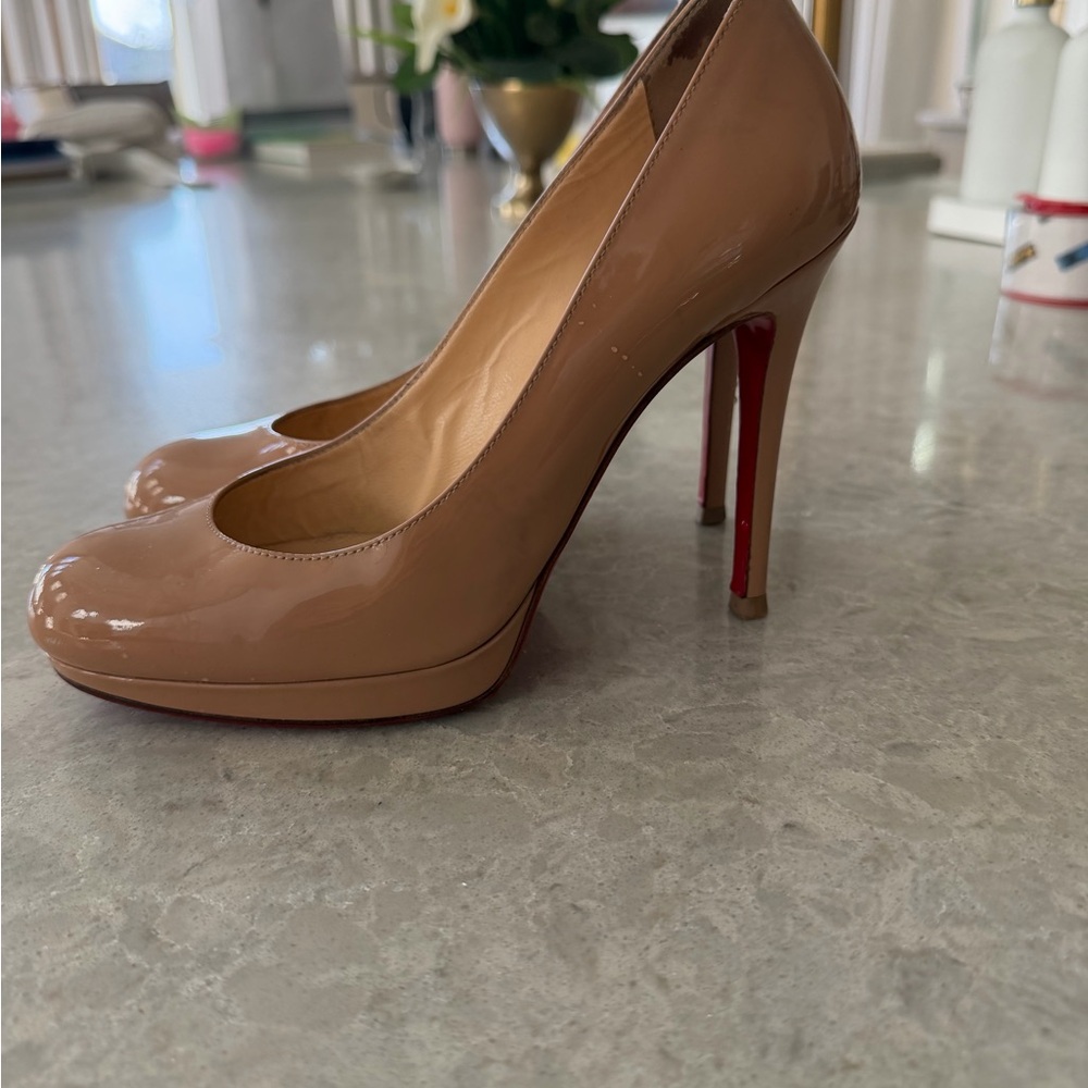 Christian Louboutin Nude Patent Platform Pumps with Signature Red Sole